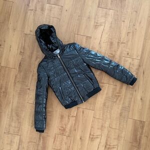 Black Patent Cropped Fitted Puffer Jacket Hoodie Brand New